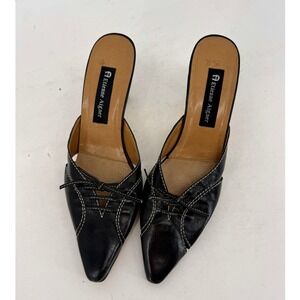Etienne Aigner Black Leather Mule Heels Square Toe Lace Detail Y2K 9M Italy